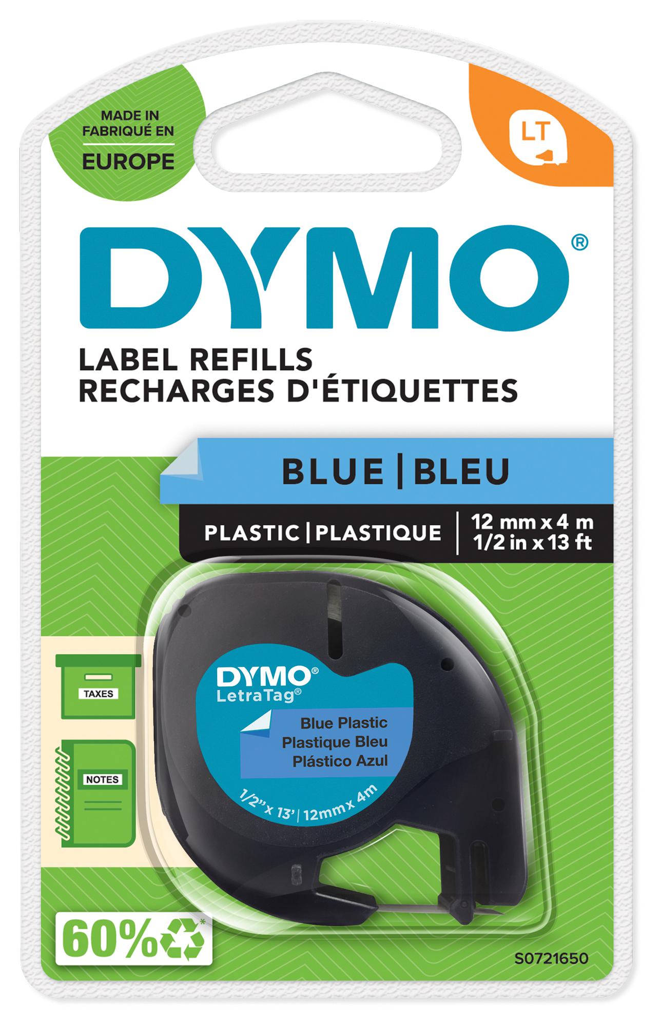 Dymo S0721650 Label, Tape, Plastic, Blue, 12mm x 4M
