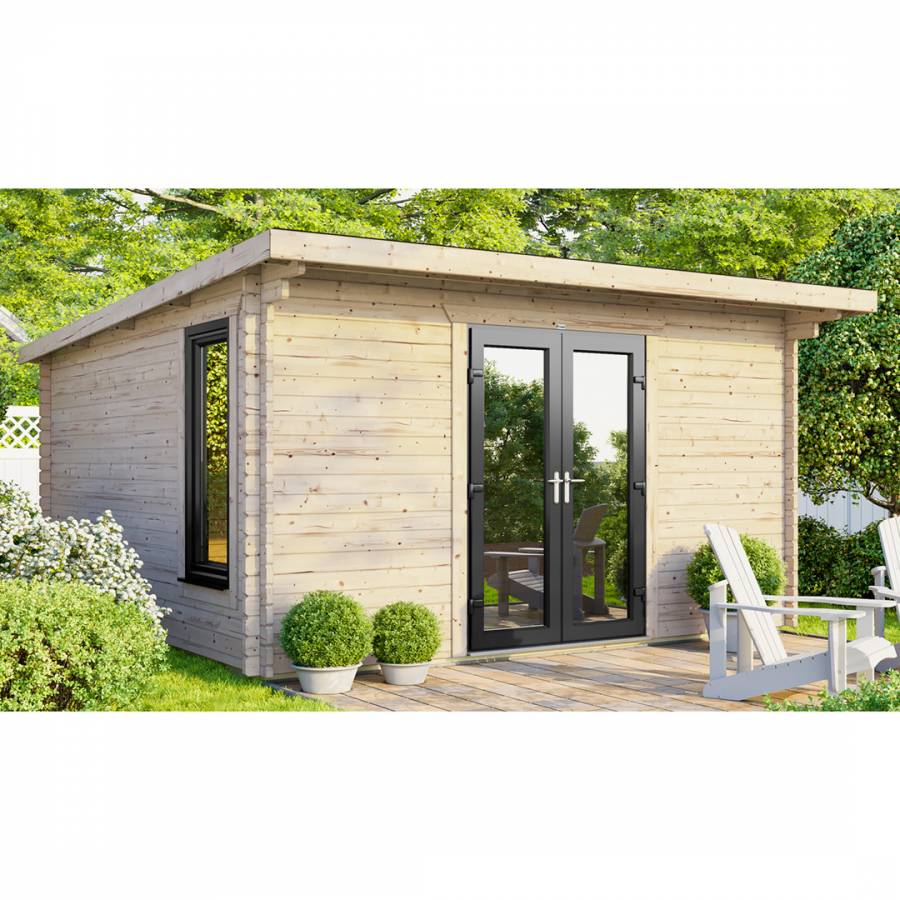SAVE £1230  14x12 Power Pent Log Cabin Central Double Doors - 44mm