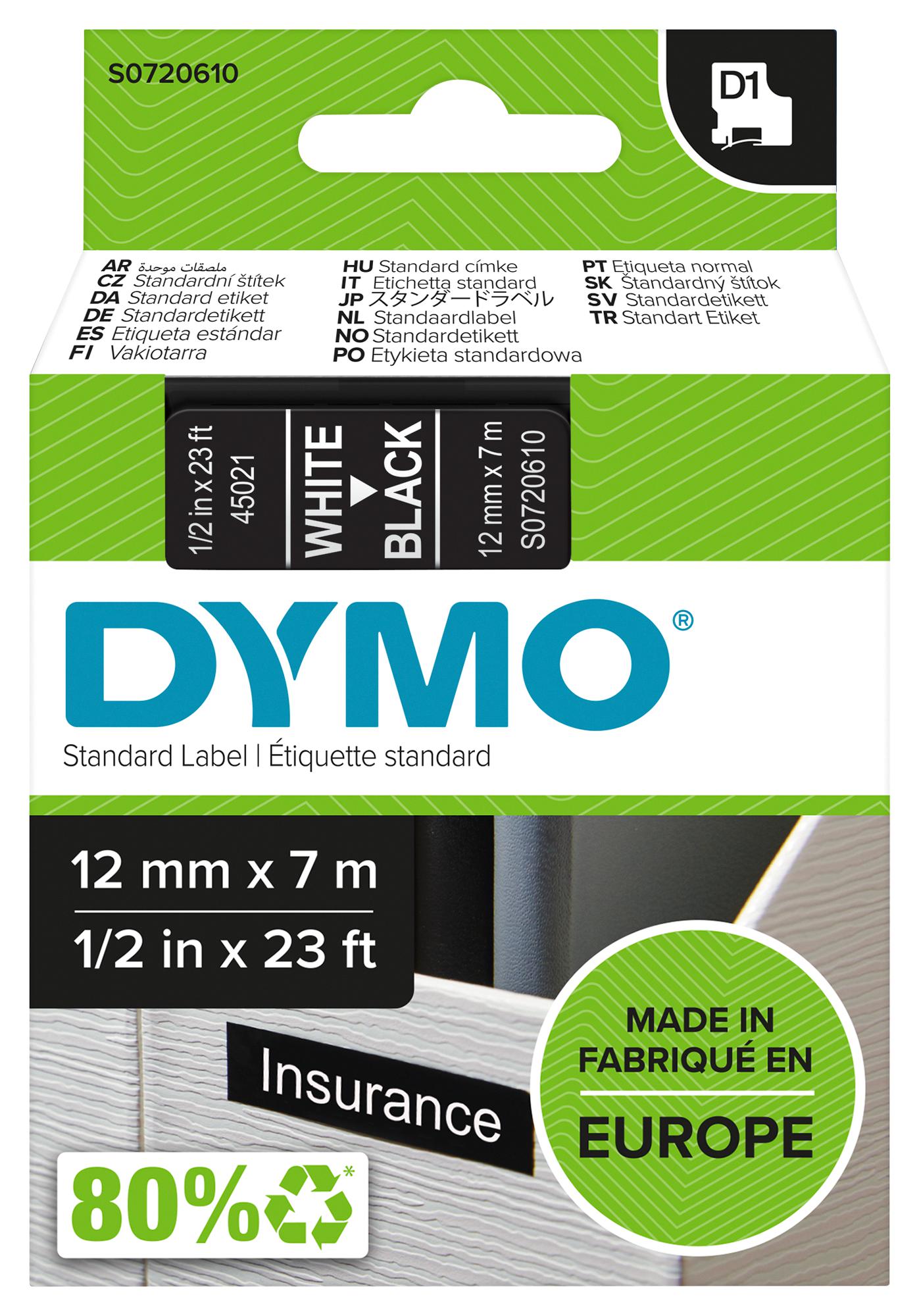 Dymo 45021 Tape, White/black, 12mm