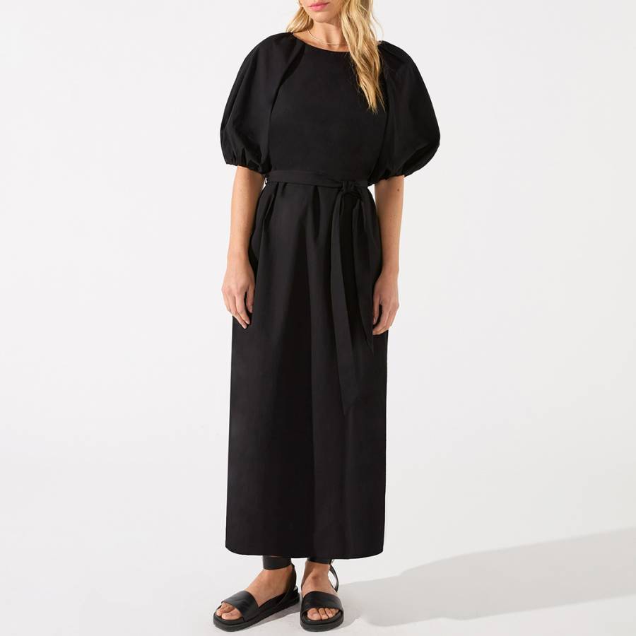 Black Puff Sleeve Cotton Midi Dress