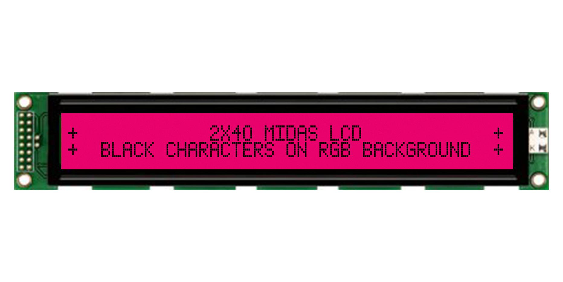 Midas Displays Md24005A6W-Fptlrgb Lcd Module, 40 X 2, Cob, 5.55mm, Fstn