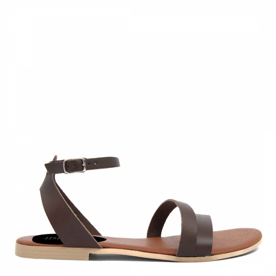 Brown Leather Ankle Buckle Flat Sandals