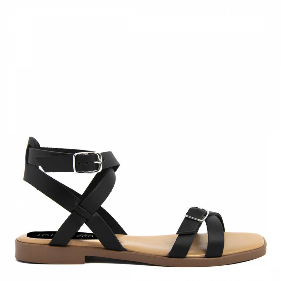 Black Leather Buckle Detailed Flat Sandals