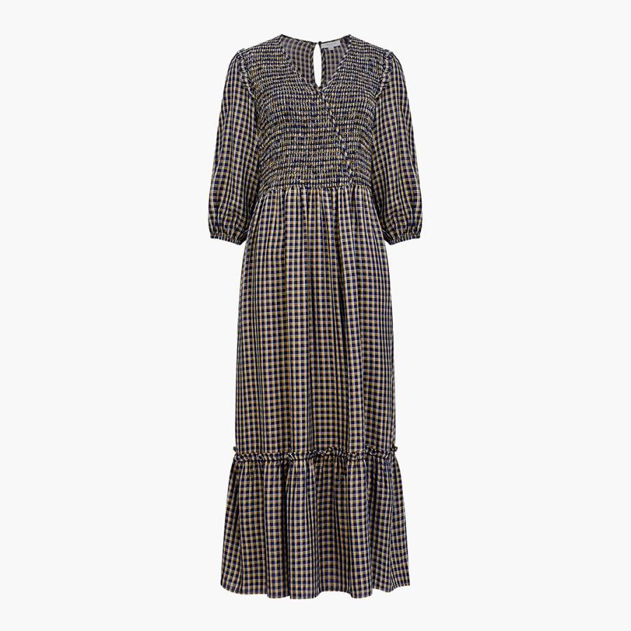 Navy Check V-Neck Smocked Midi Dress