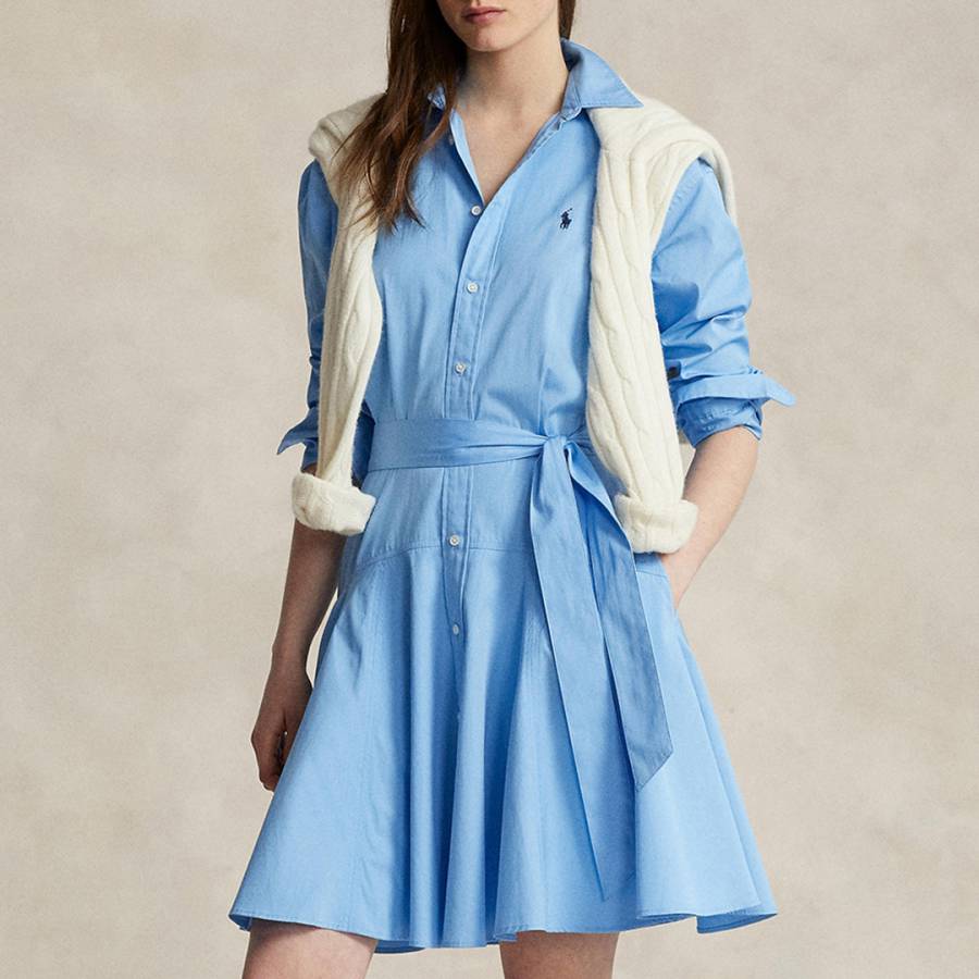 Blue Cotton Mini Shirt Dress