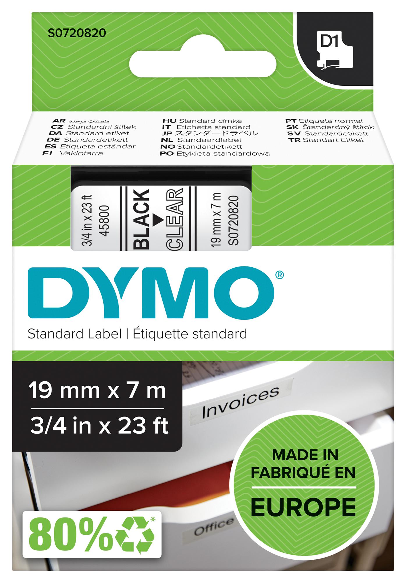 Dymo 45800 Tape, Black/clear, 19mm