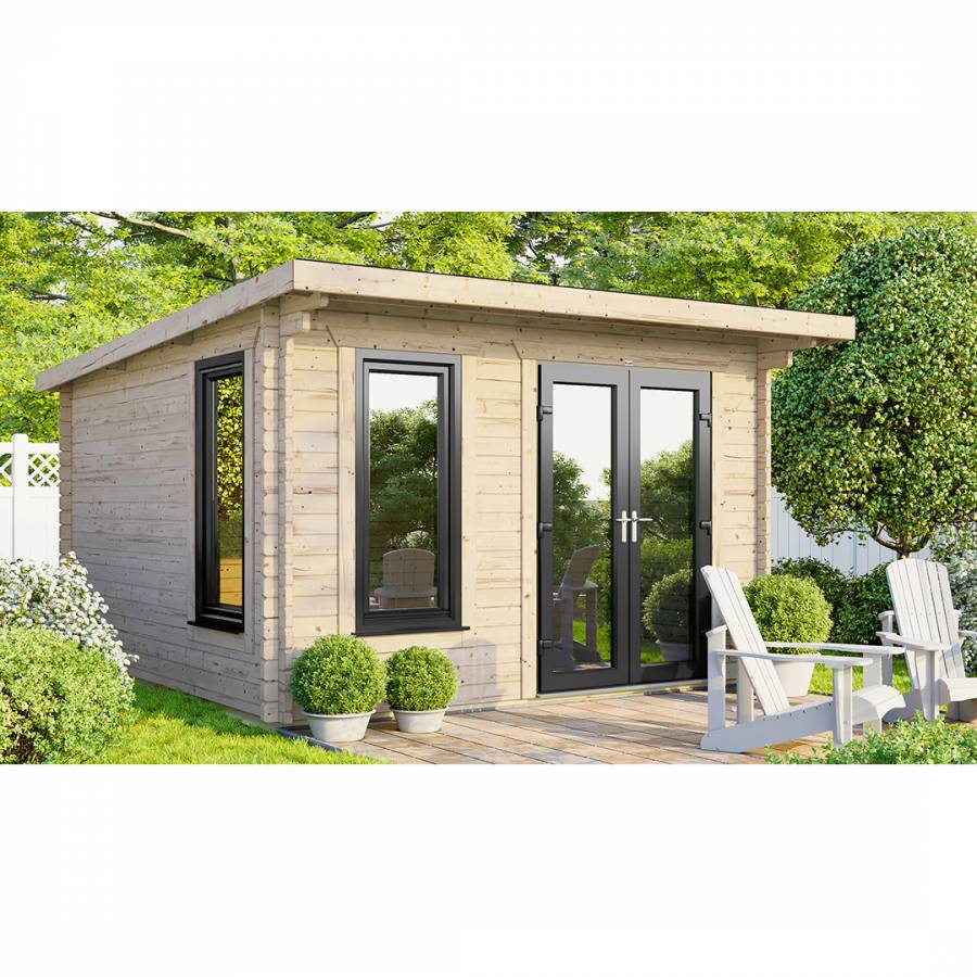 SAVE £1130  12x10 Power Pent Log Cabin Right Double Doors - 44mm