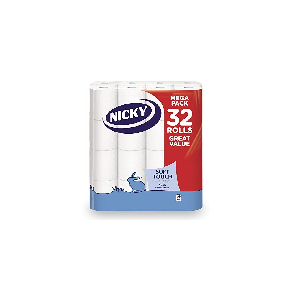 Nicky Soft Touch Toilet Tissue |Extra Value Pack ? 32 Rolls of Extra Gentle White Toilet Paper |200 Sheets per Roll| 2-ply | Soft Tissue | Modern