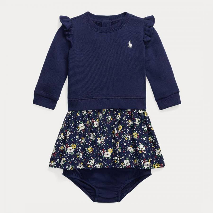 Baby Girl's Navy Fleece Cotton Blend Jumper Dress & Knicker Set