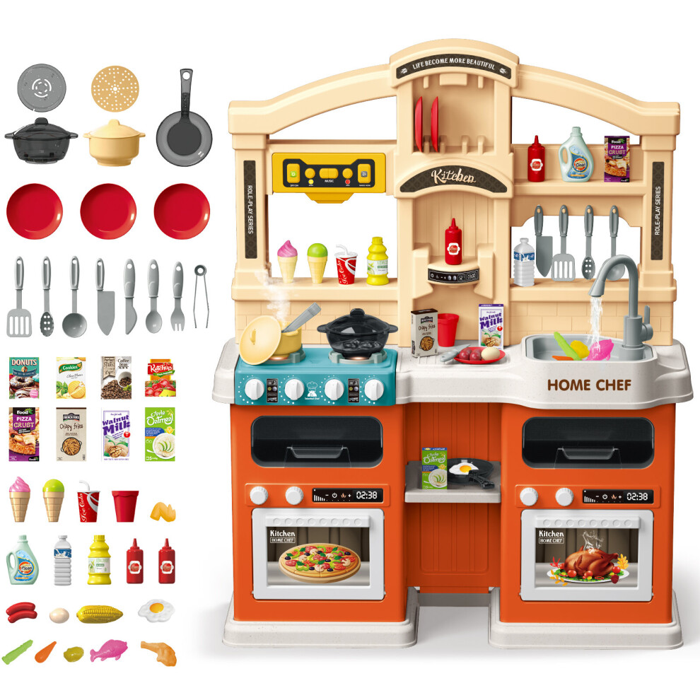 Kids Kitchen Playset with Sound, Lights, Steam & Boil Effects Pretend Play Kitchen Set Kids Kitchen Set Role Play Toys-K32