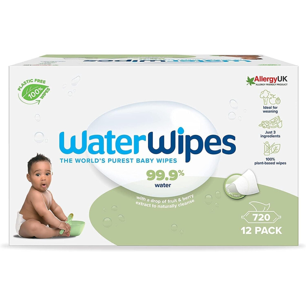 WaterWipes Plastic Free Textured Clean, Toddler & Baby Wipes, 720 Count (12 Packs), 99.9% Water Based Wet Wipes & Unscented for Sensitive Skin