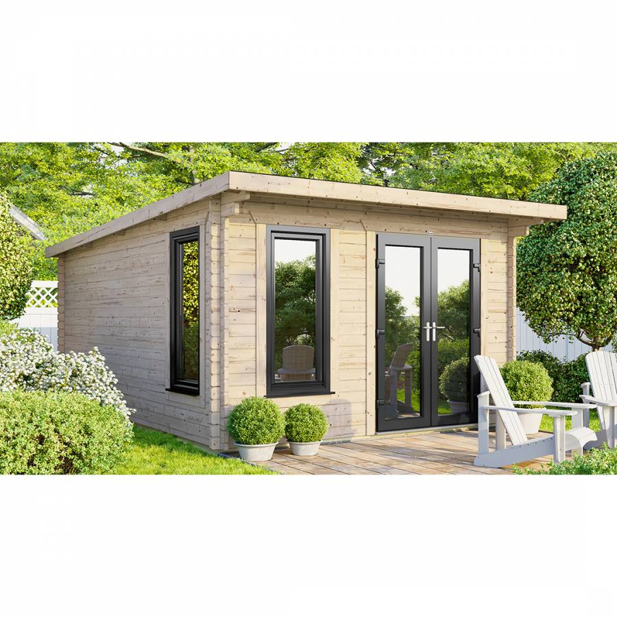 SAVE £1230  12x14 Power Pent Log Cabin Right Double Doors - 44mm