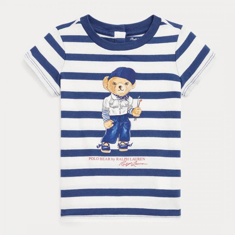 Baby Girl's White Striped Teddy Cotton T-Shirt