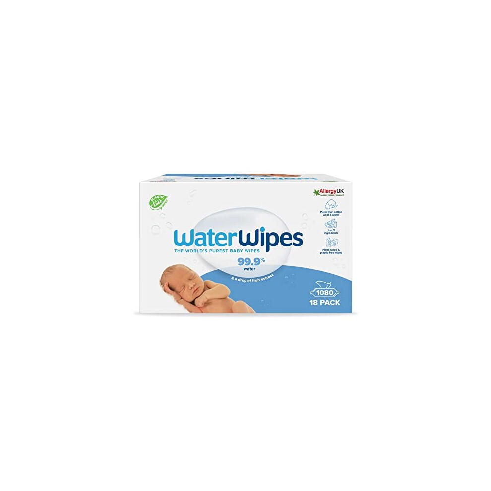 WaterWipes Original Plastic Free Baby Wipes, 1080 Count (18 packs), 99.9% Water Based Wet Wipes & Unscented for Sensitive Skin