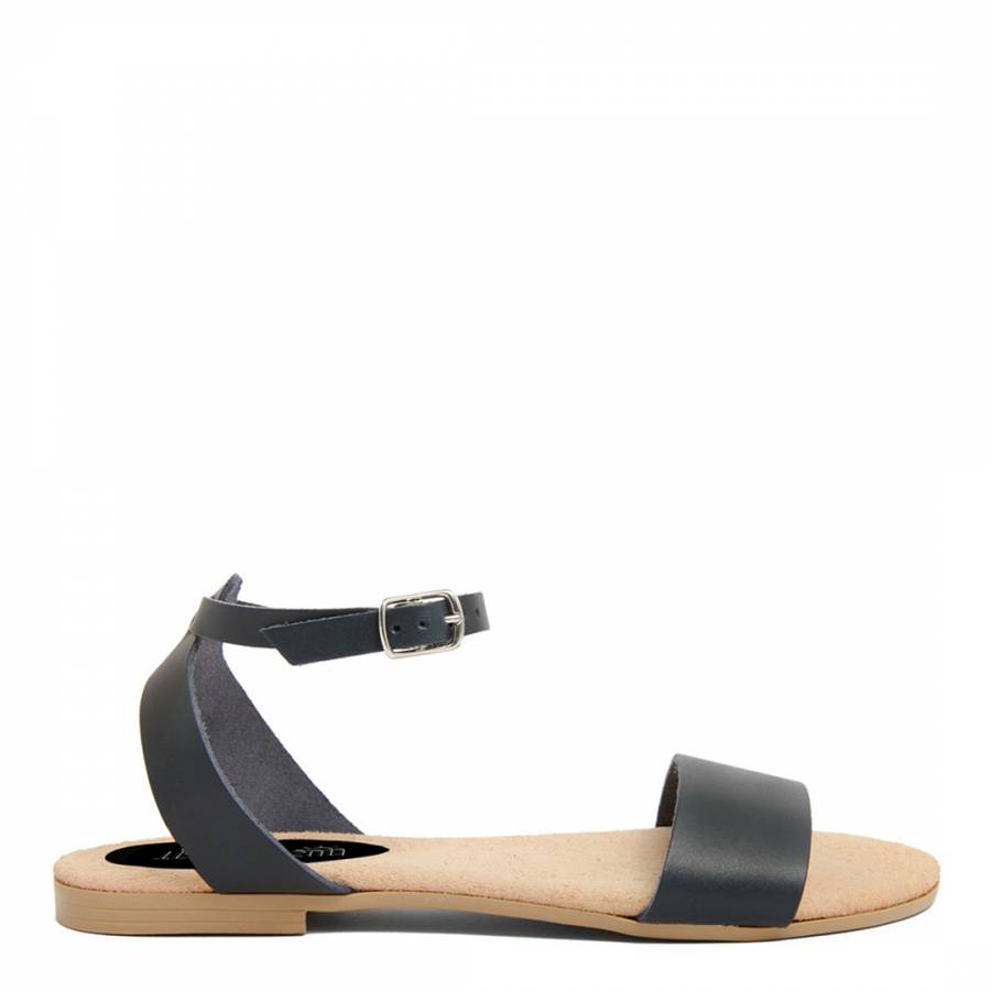 Blue Leather Buckle Flat Sandals