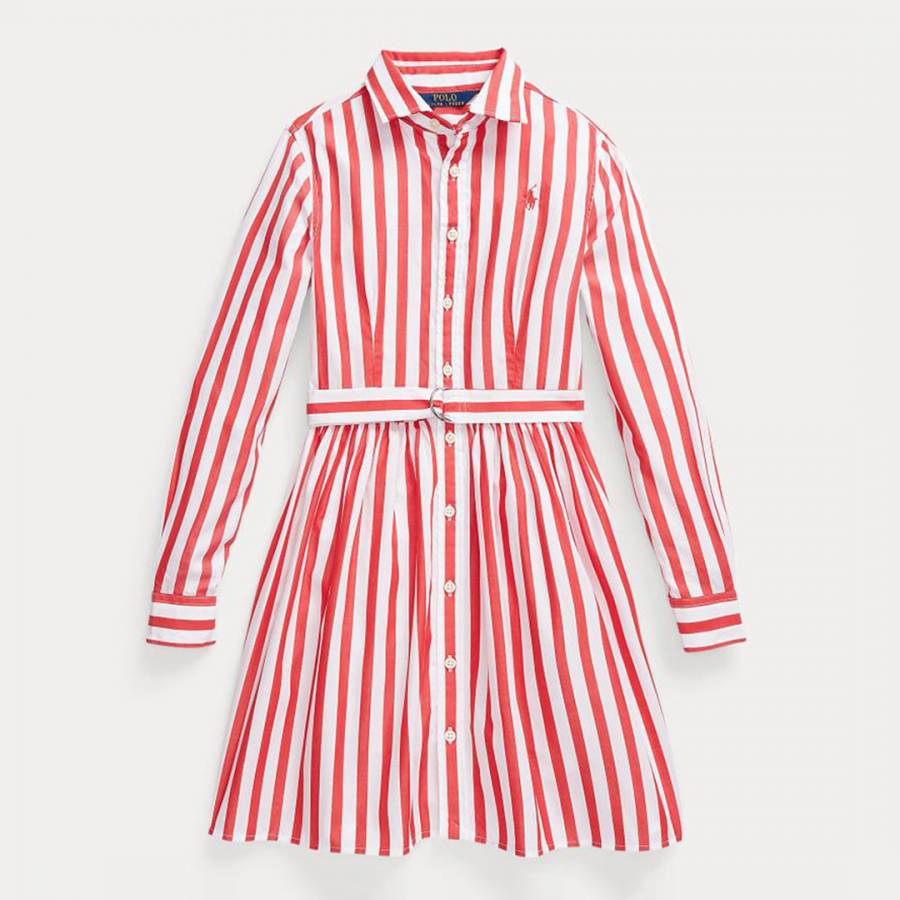 Older Girl's Red Striped Belted Cotton Dress
