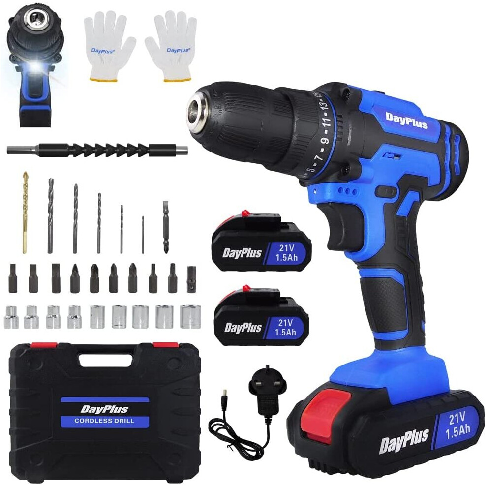 (Cordless Drill Set with 2 Batteries) 21V Cordless Power Drill,Handheld Screwdriver Drill Set with 25+1 Torque Setting,1.5AH Li-ion Battery&Fast Charg