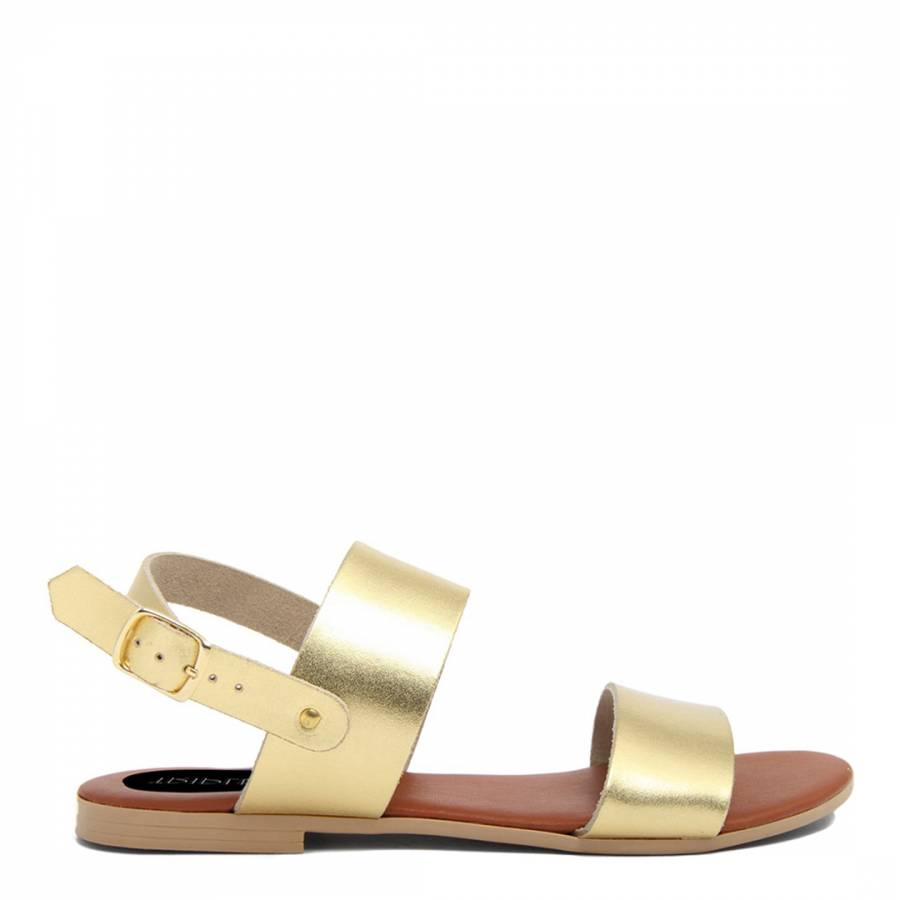 Gold Leather Double Strap Flat Sandals