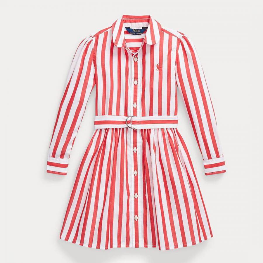 Younger Girl's Red Striped Belted Cotton Dress