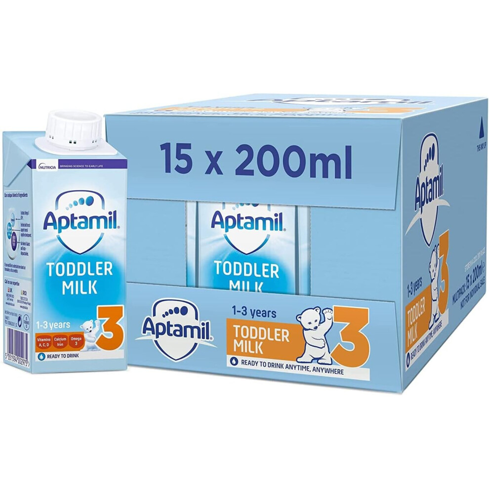 Aptamil 3 Toddler Baby Milk Ready to Use Liquid Formula, 1-3 Years, 200ml (Pack of 15),package may vary