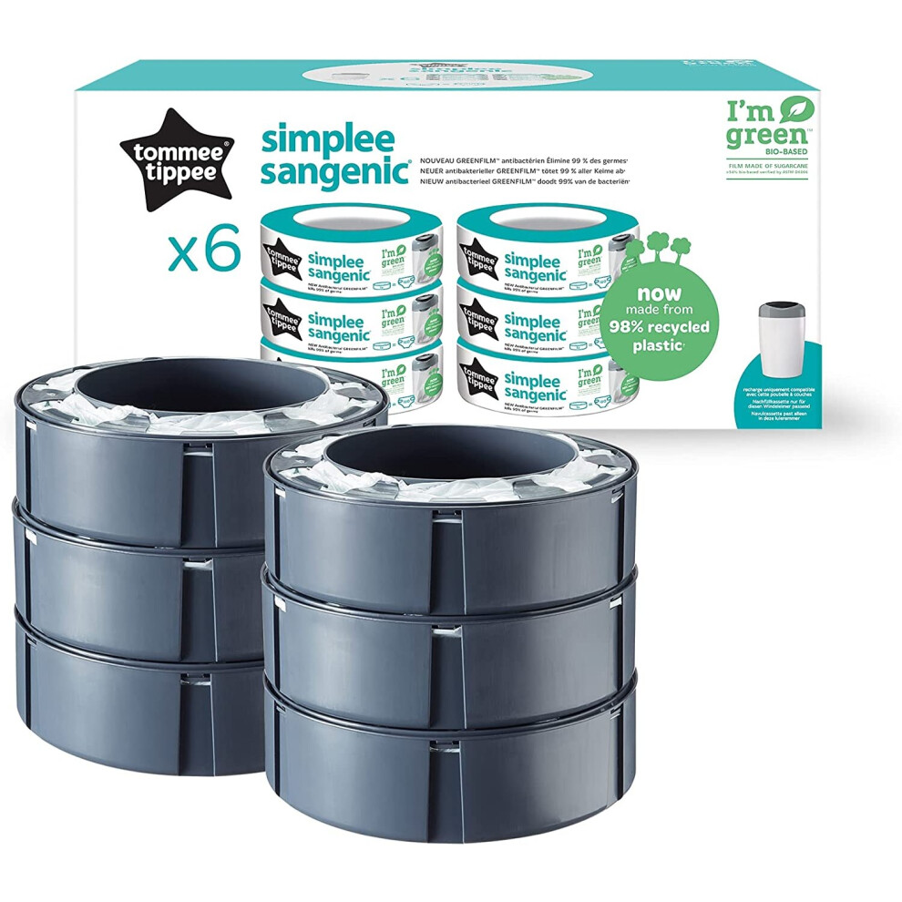 Tommee Tippee Simplee Sangenic Nappy Bin Refills, Sustainably Sourced Antibacterial GREENFILM, Pack of 6
