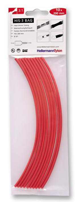 HellermannTyton 308-30311 Heatshrink, 3: 1, 3mm, Red, Pk10