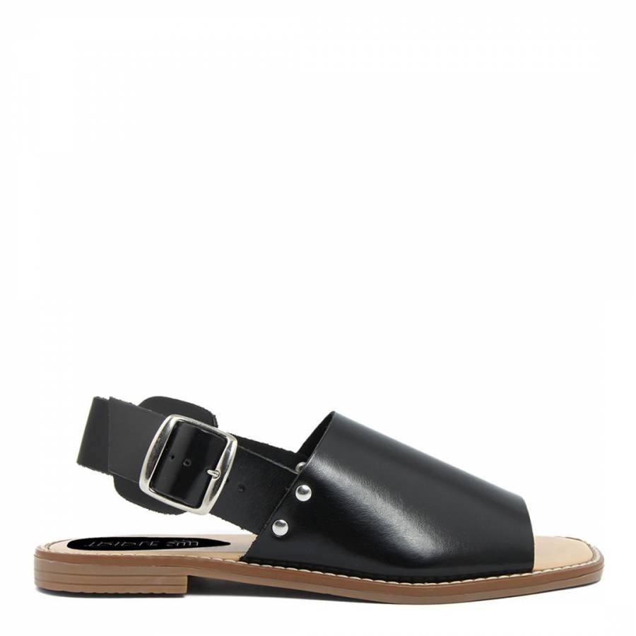 Black Leather Open Toe Flat Sandals