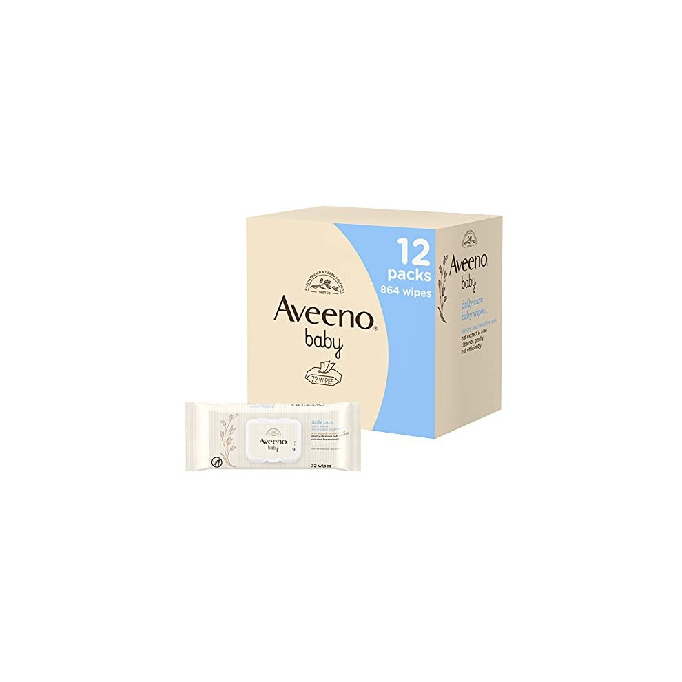 Aveeno Baby Daily Care Wipes Sensitive Skin Cleanse Gently And Efficiently Baby Essentials, White, Pack Of 12 (864 Wipes In Total)