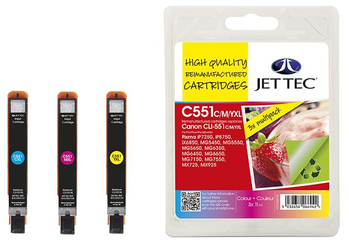 Jet Tec 101C055150 Ink Cart, Reman, Canon Cli-551Xl Cmy