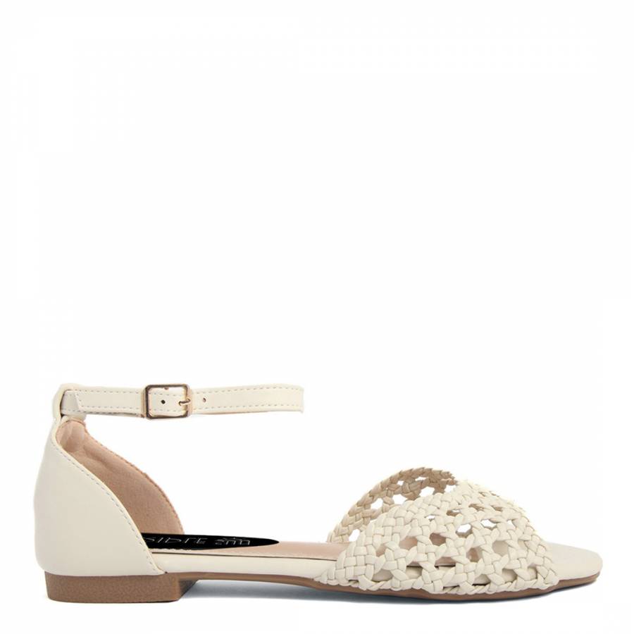 Beige Leather Perforated Band Flat Sandals