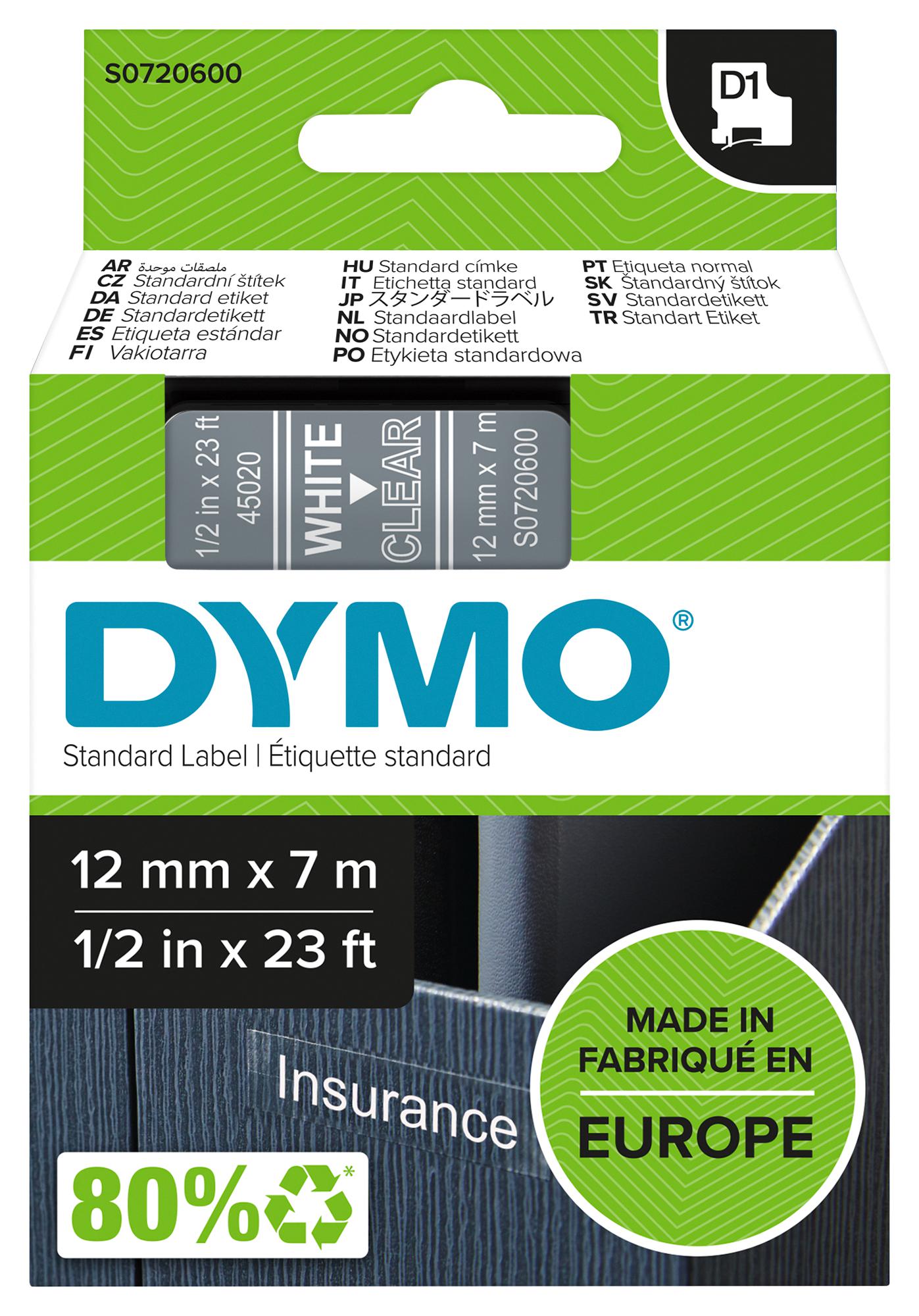 Dymo 45020 Tape, White/clear, 12mm