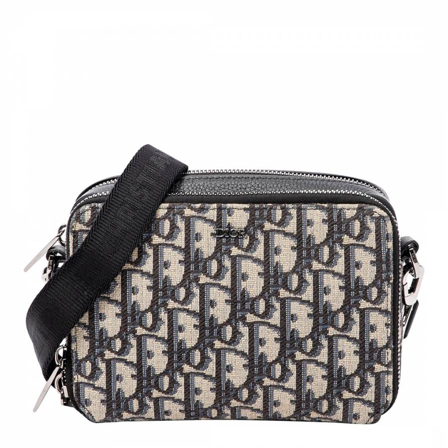 Beige Navy Double Zip Pouch with Strap Shoulder Bag