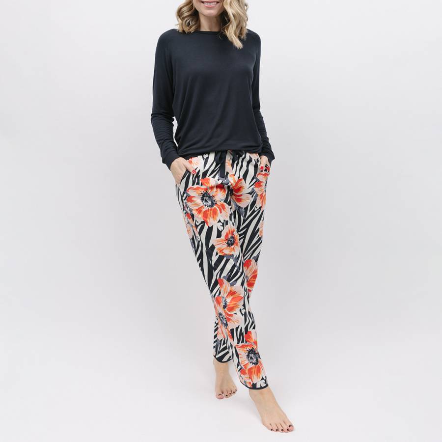 Black Nicole Jersey Top and Animal Floral Print Pyjama Set
