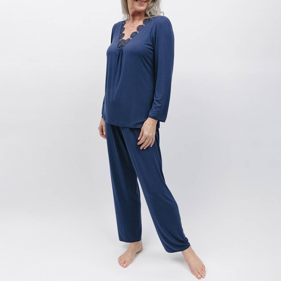 Navy Winnie Lace Detail Jersey Pyjama Set