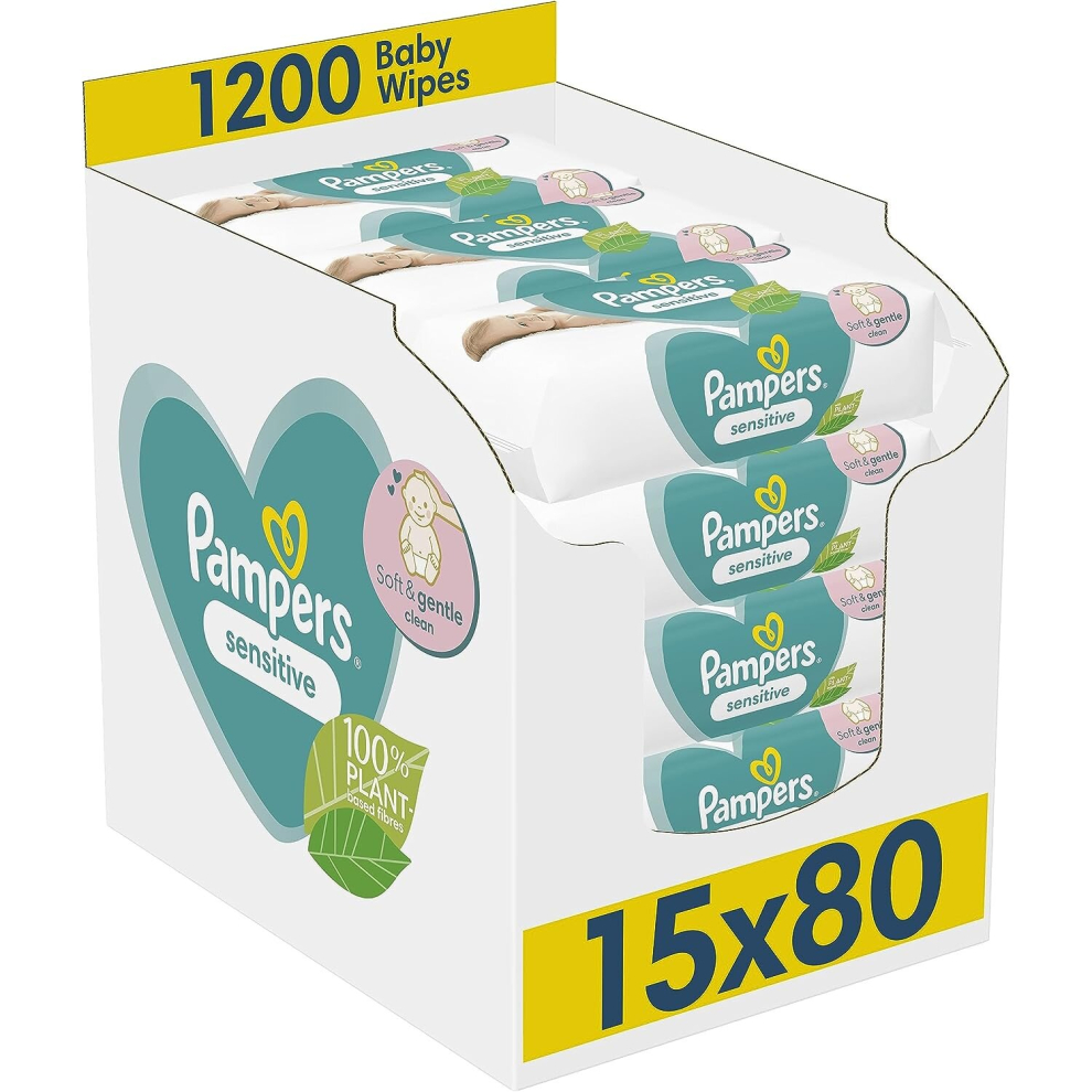 Pampers Sensitive Baby Wipes 15 Packs of 80 = 1200 Baby Wet Wipes, Unscented, For a Soft And Gentle Clean
