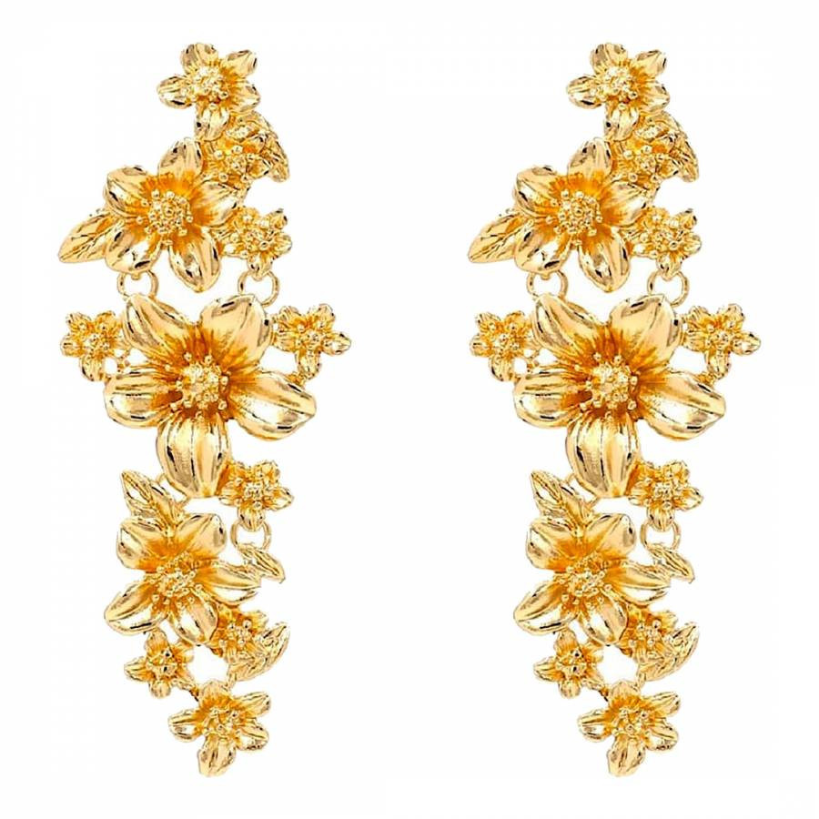 18K Gold Flower Carved Long Statement Earrings