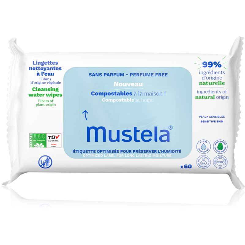 Mustela Compostable at Home Cleansing Wipes Perfume Free cleansing wipes fragrance-free for children from birth 60 pc