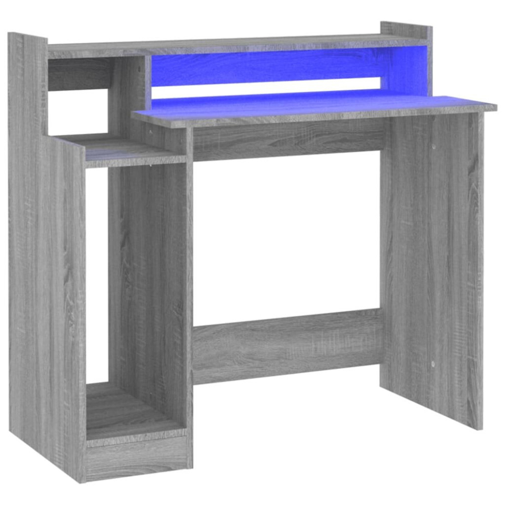 (Grey sonoma) vidaXL Desk with LED Lights Computer Table Study Writing Desk Engineered Wood