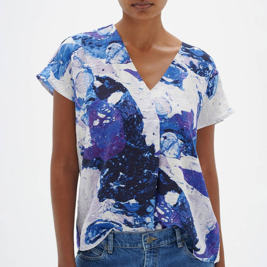 Blue V-Neck Printed T-Shirt