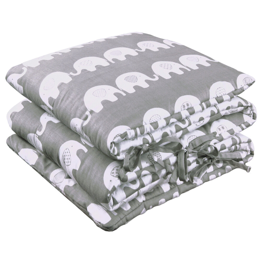 (Elephant - Grey, 190cm Half Cot Bed) Crib Cot Bed Bumper Soft Padded Quilted Liner Baby Protector Nursery 100% Cotton