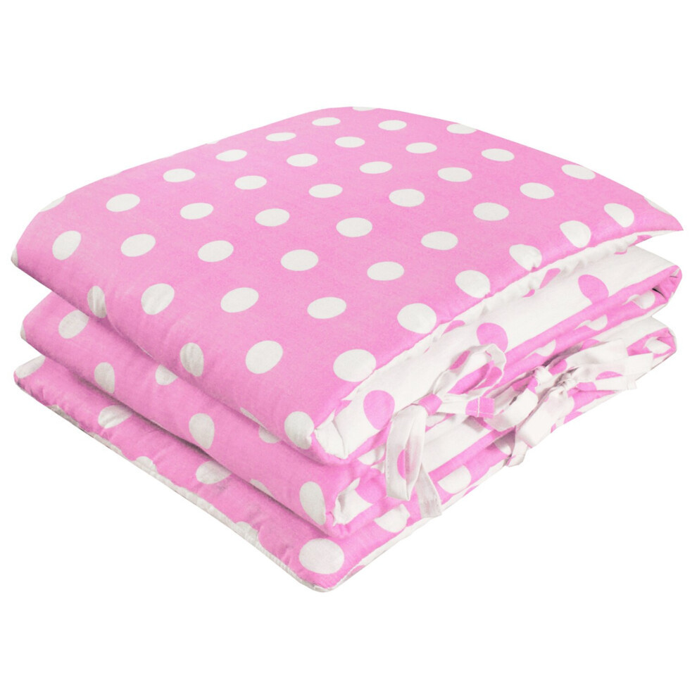 (Polka Dot - Pink, 360cm All-round Cot) Crib Cot Bed Bumper Soft Padded Quilted Liner Baby Protector Nursery 100% Cotton