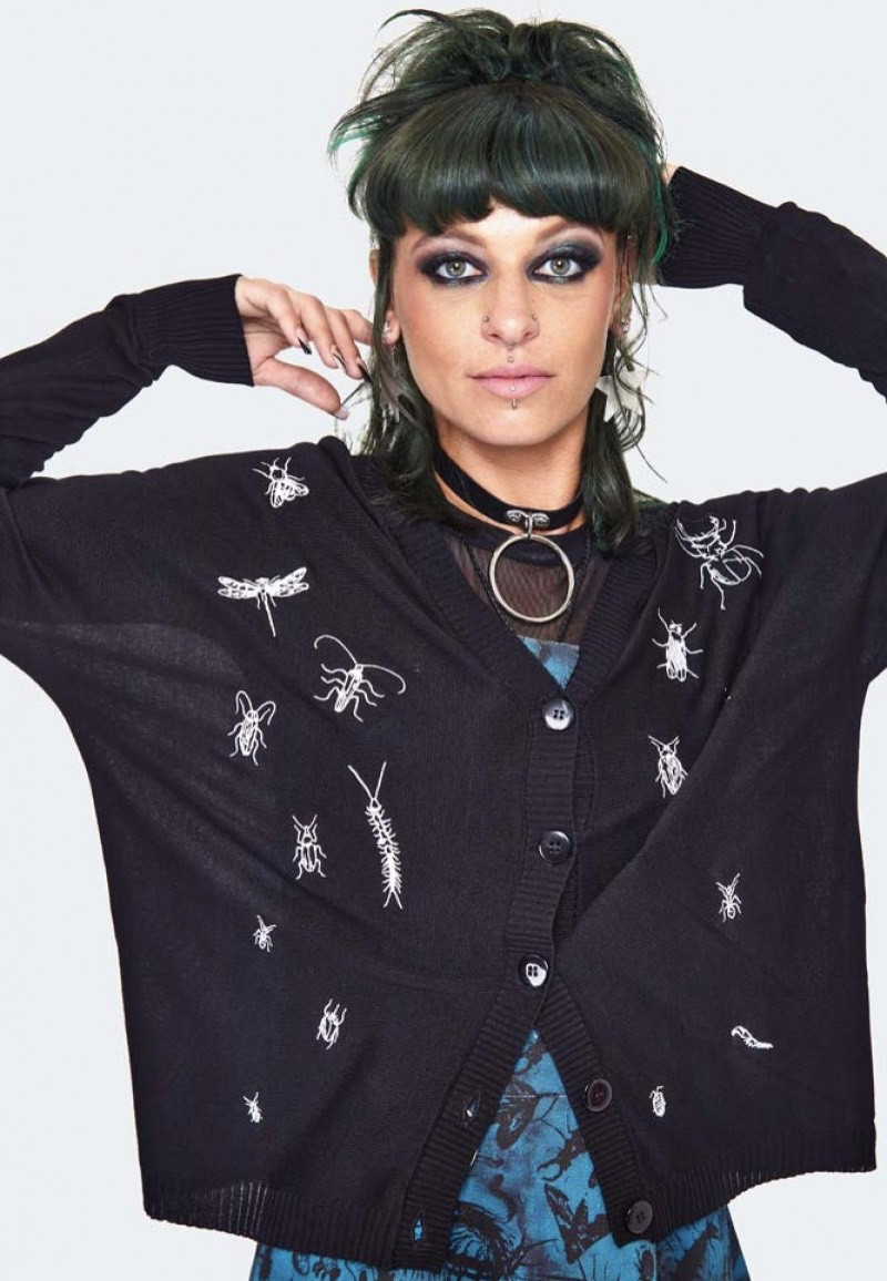 Jawbreaker - Insect Embroidered Slouchy Black - Cardigan