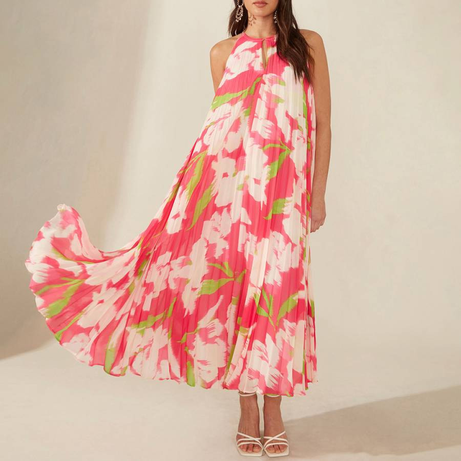 Pink Floral Halter Pleated Maxi Dress
