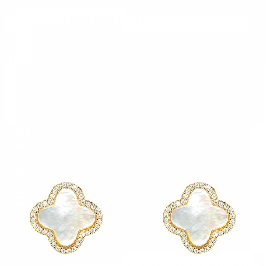 18K Gold White Mother Of Pearl Clover Cz Post Earrings