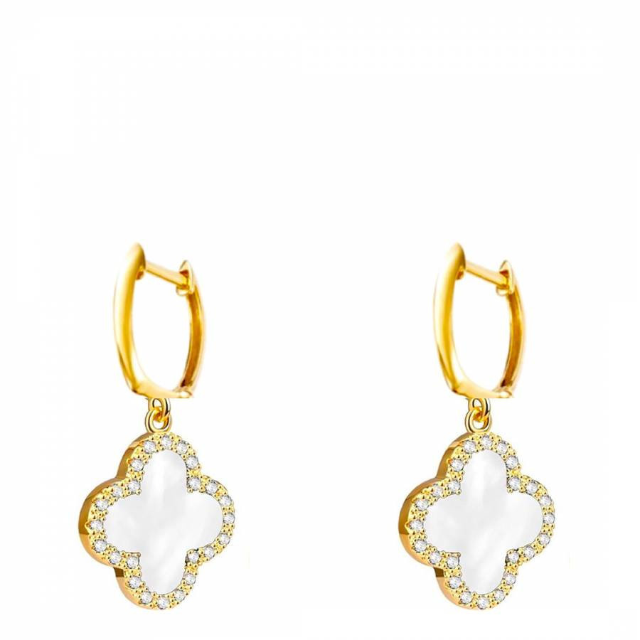 18K Gold White Clover Cz Drop Earrings