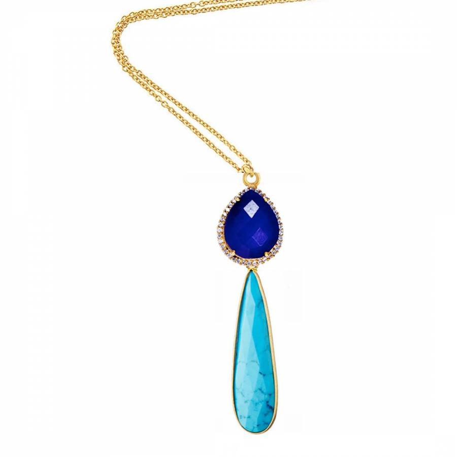 18K Gold Turquoise & Sapphire Tear Drop Necklace