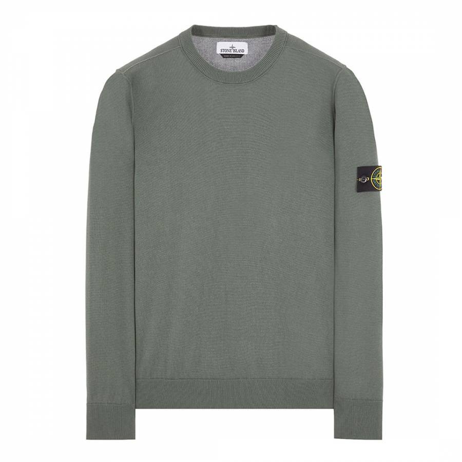 Green Ribbed Crew Neck Cotton Jumper