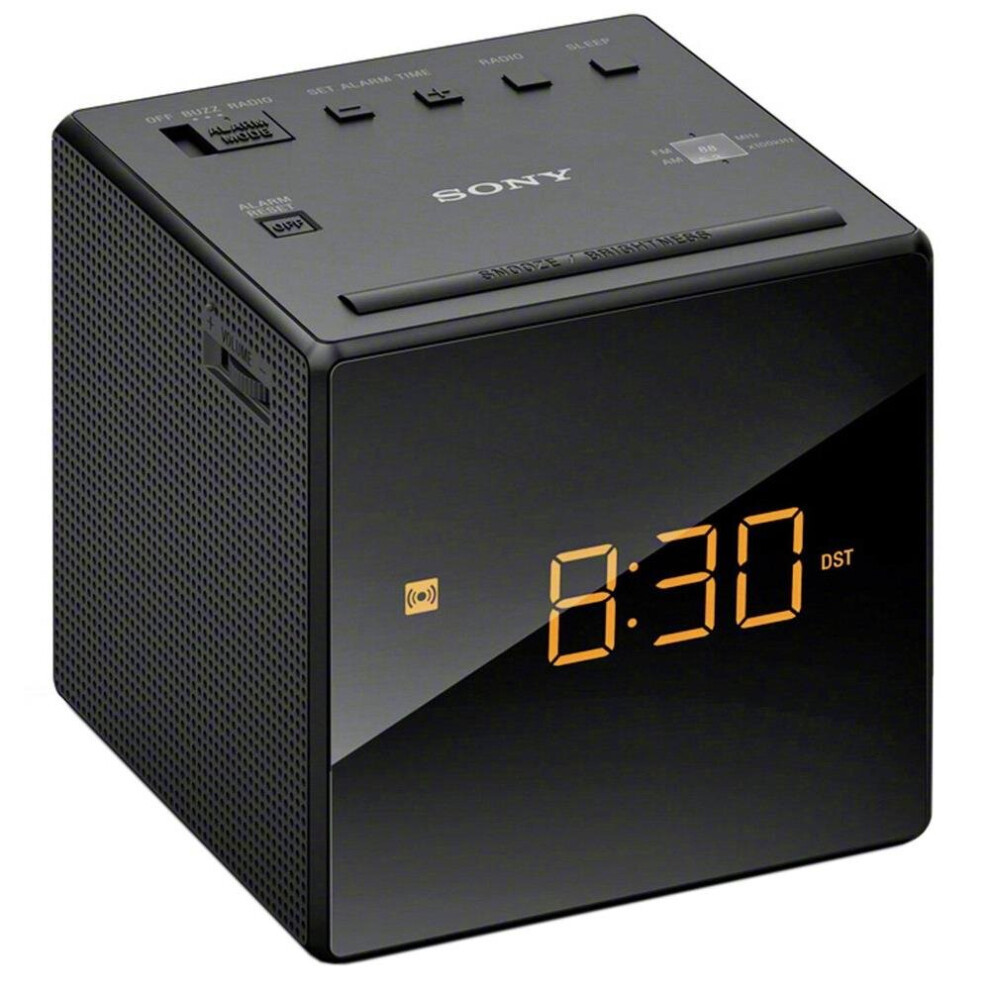 Sony FM/AM Modern Small Cube Clock Radio with Alarm and Snooze - Black, ICF-C1