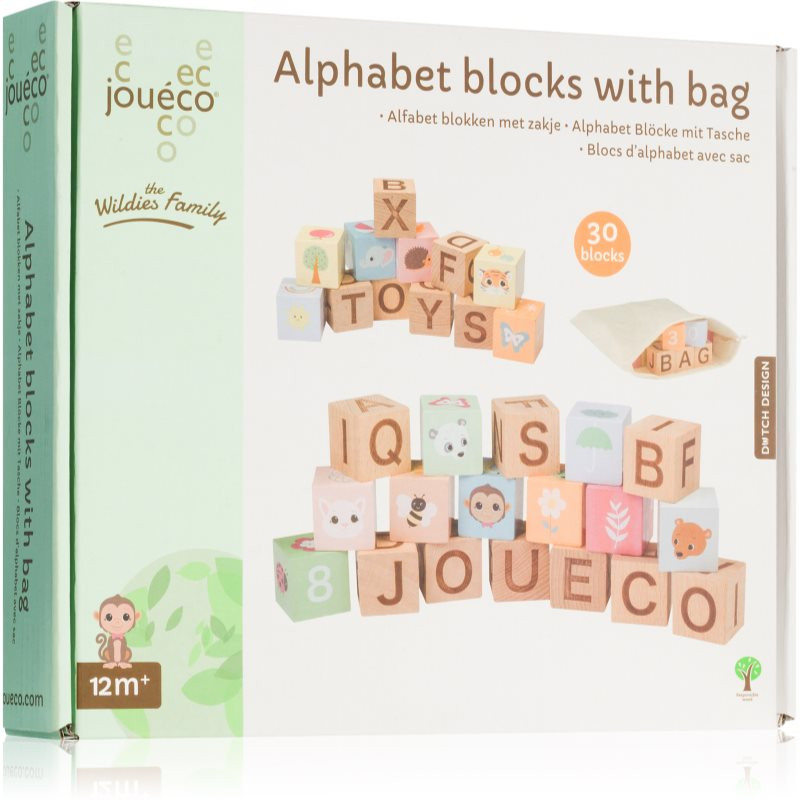Jouéco The Wildies Family Alphabet Blocks with Bag cubes wooden 12 m+ 30 pc