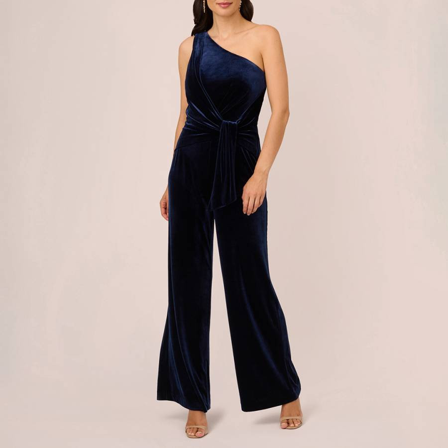 Navy One Shoulder Velvet Jumpsuit